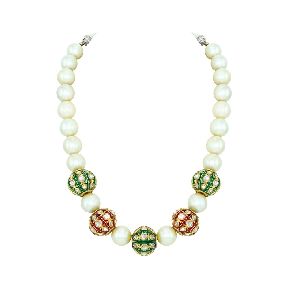 South Sea Pearl Necklace with Polki Red and Green Enamel Beads